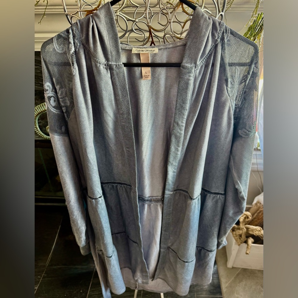 Carole Christian Dusty Blue/Gray Duster With Lace and Hood . NWOT